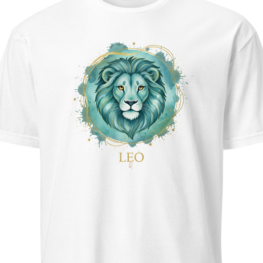 White t-shirt with a teal lion graphic and 'LEO' text on a white background
