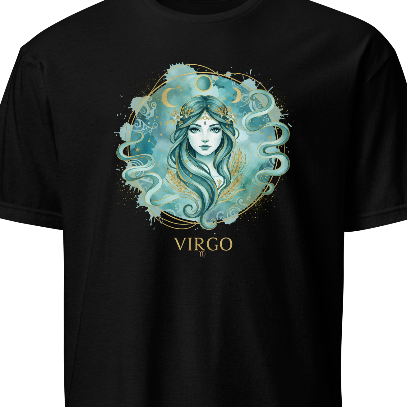 Black t-shirt with Virgo zodiac design on a white background