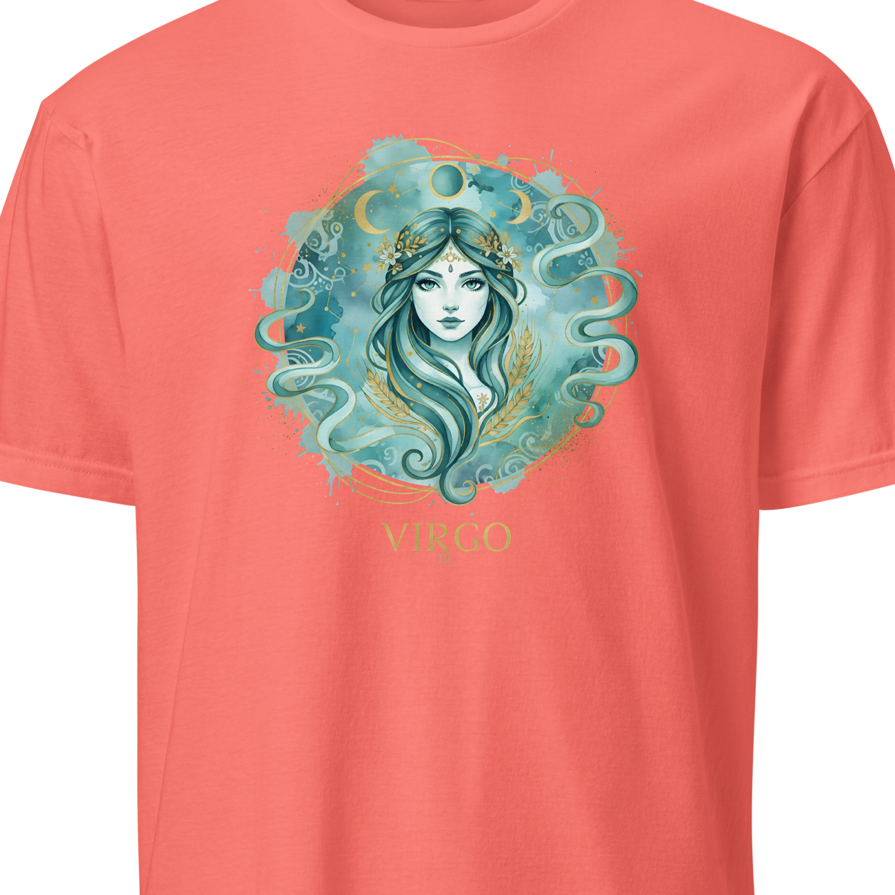 Coral t-shirt with a graphic design of a woman's face surrounded by swirling patterns on a white background.