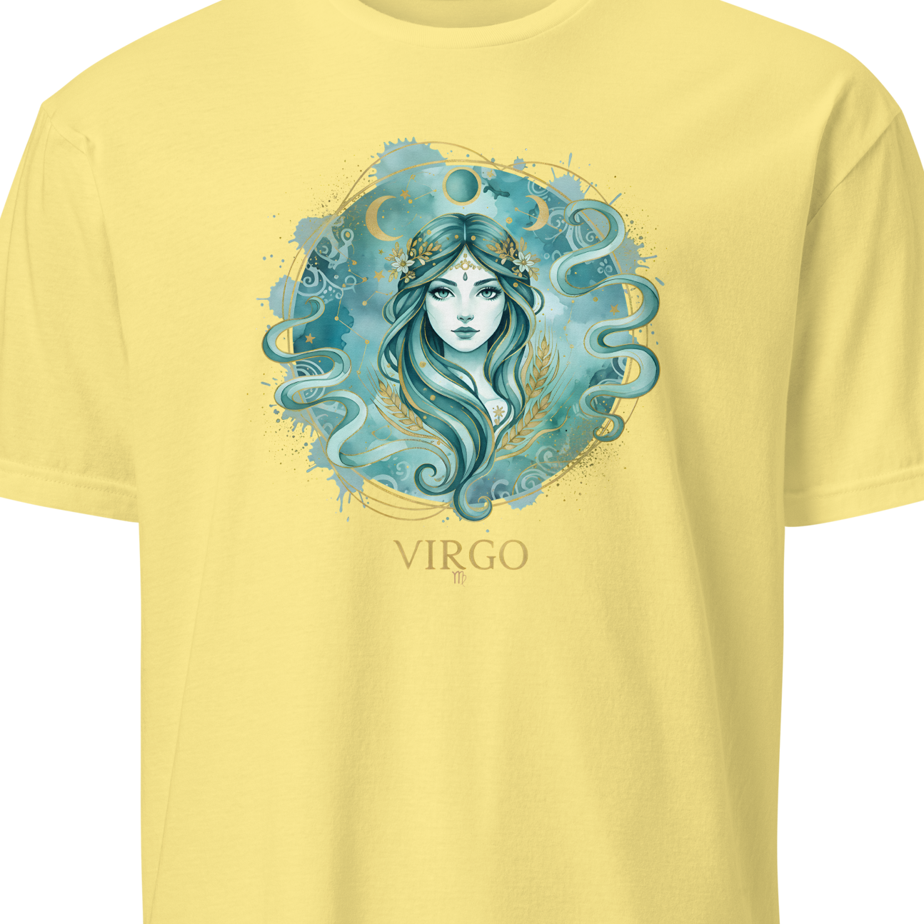 Yellow t-shirt with Virgo zodiac design on a white background