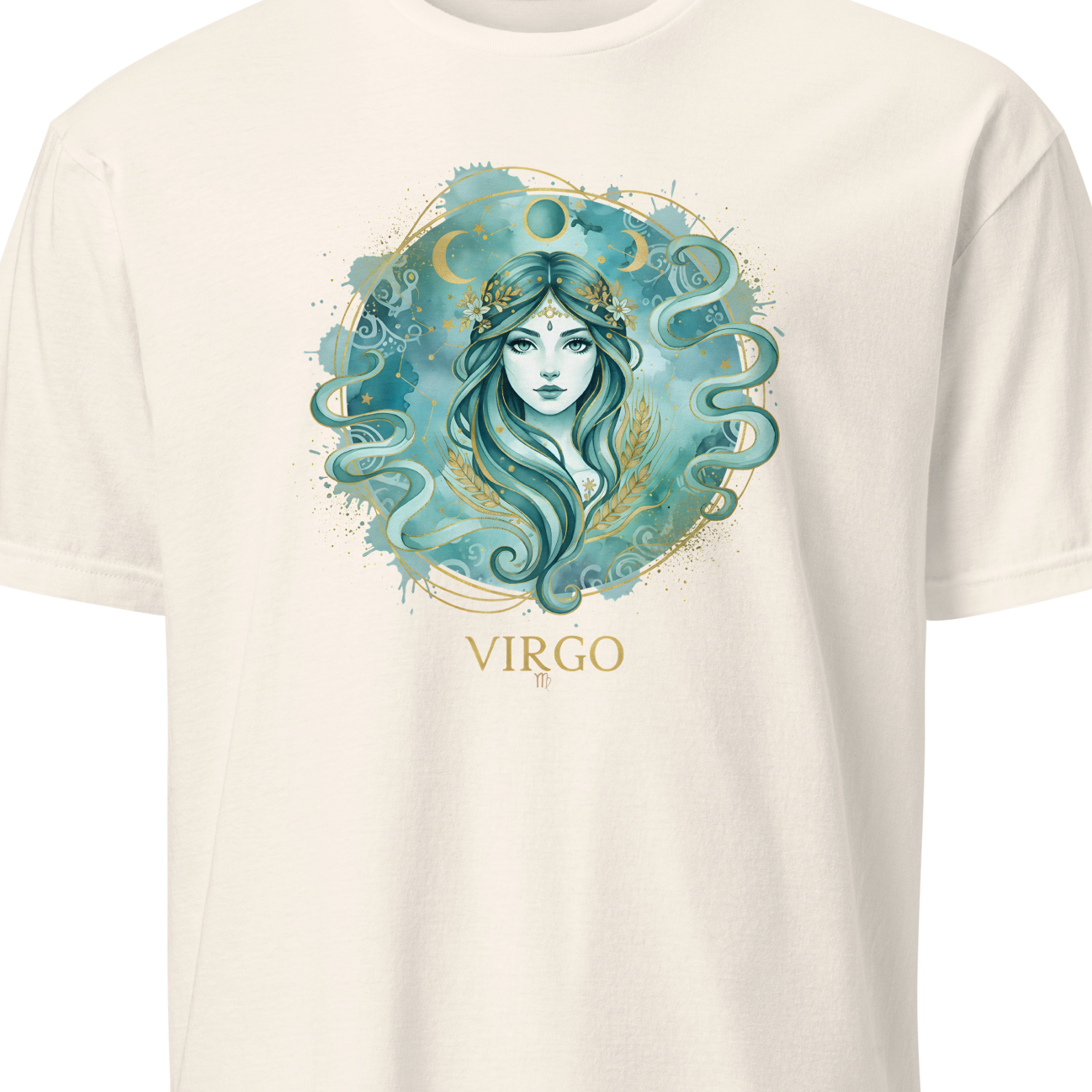 White t-shirt with Virgo zodiac design on a white background