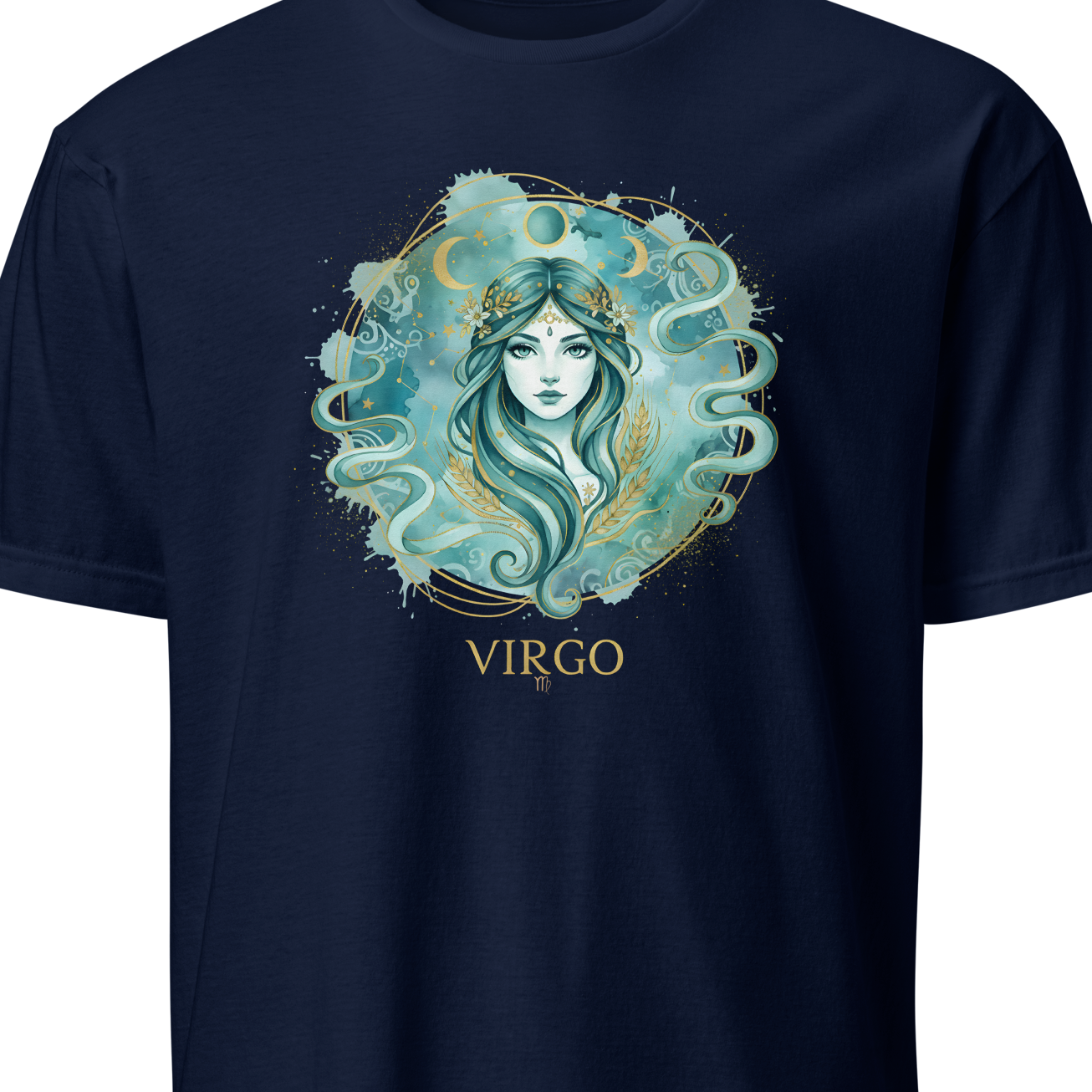 Navy blue t-shirt with Virgo zodiac design on a white background