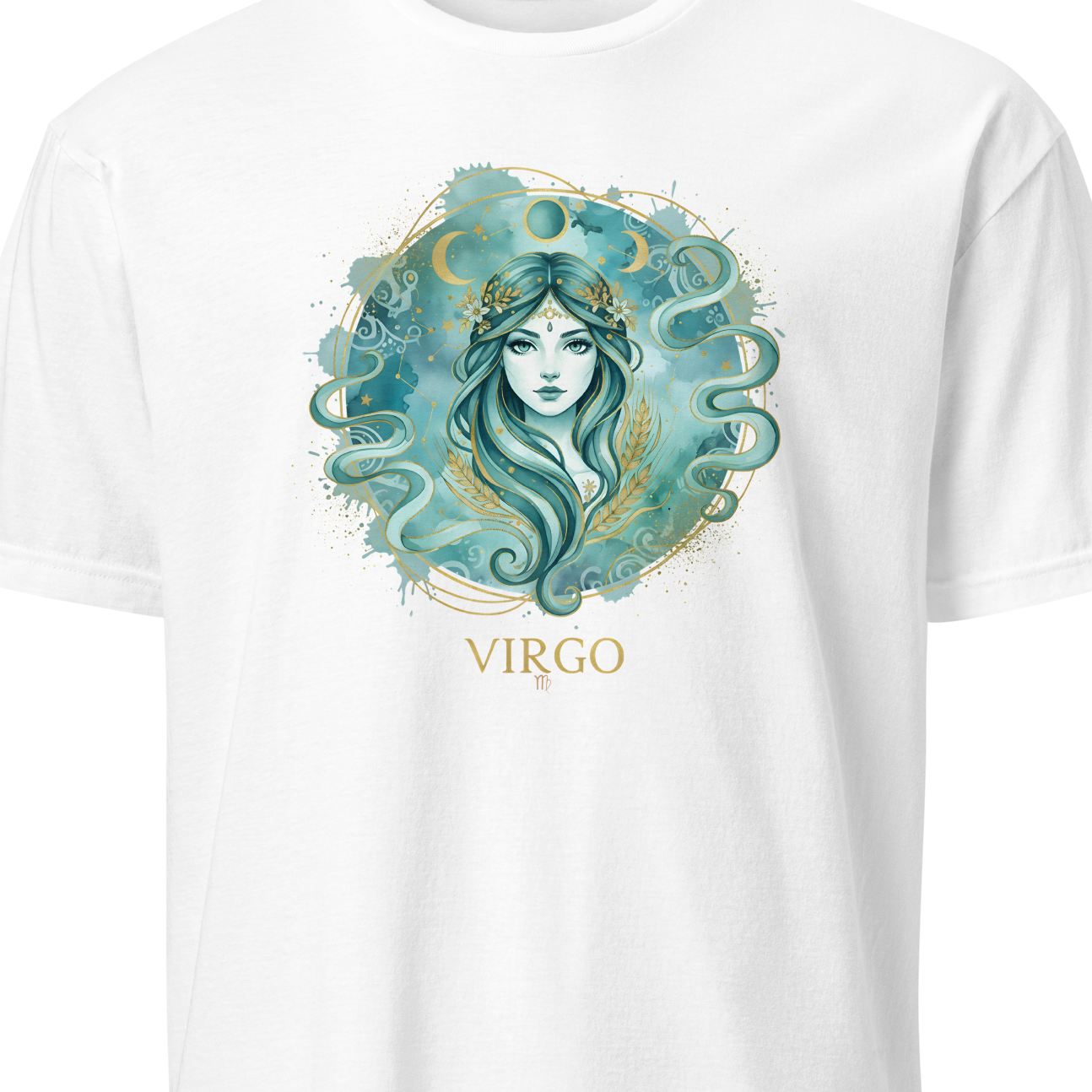 White t-shirt with Virgo zodiac design on a white background
