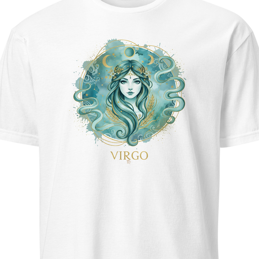 White t-shirt with Virgo zodiac design on a white background