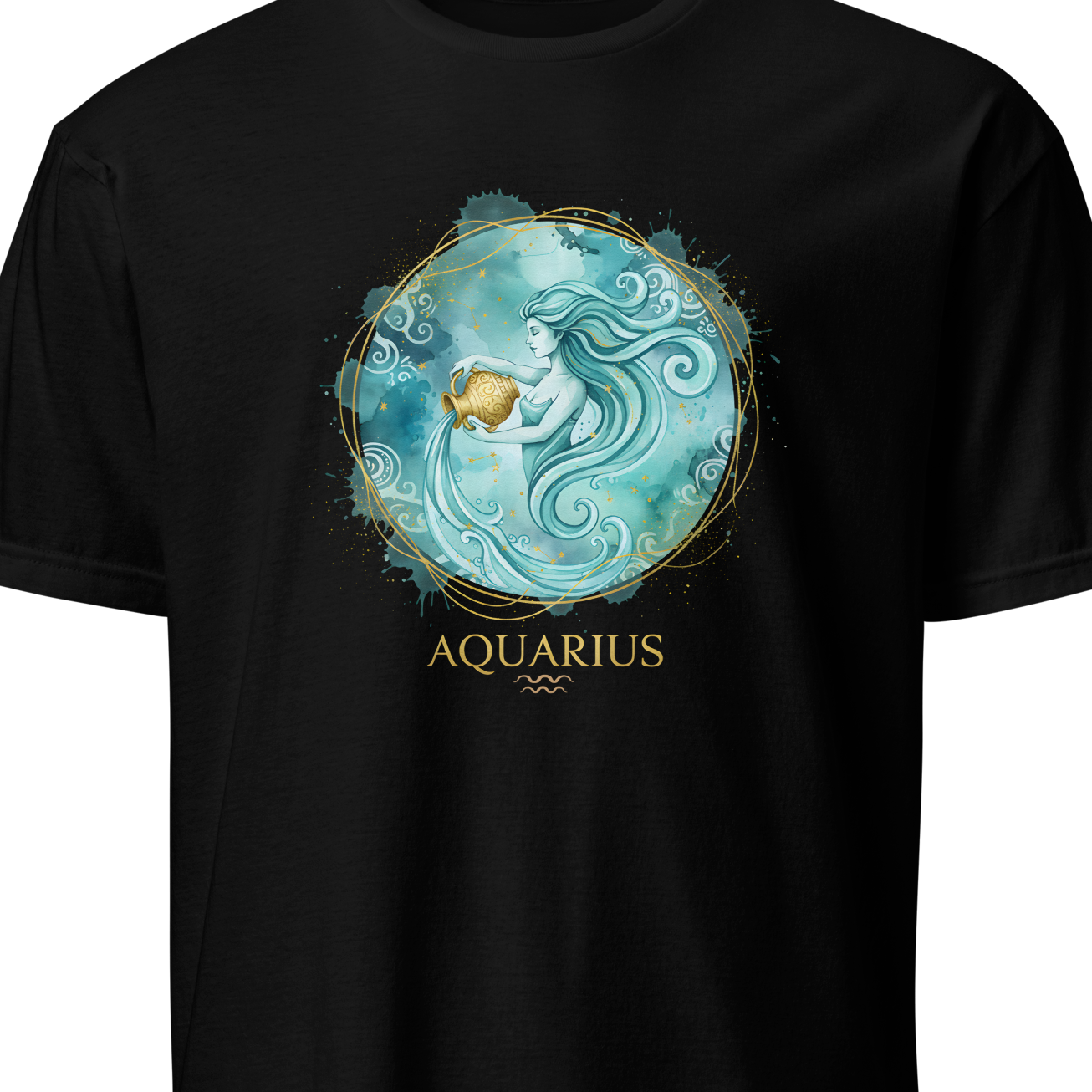Black t-shirt with Aquarius zodiac design featuring a mermaid and shell on a white background
