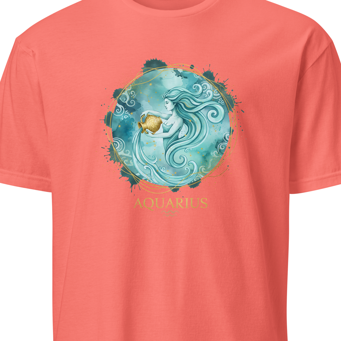 Coral t-shirt with Aquarius zodiac design on a white background
