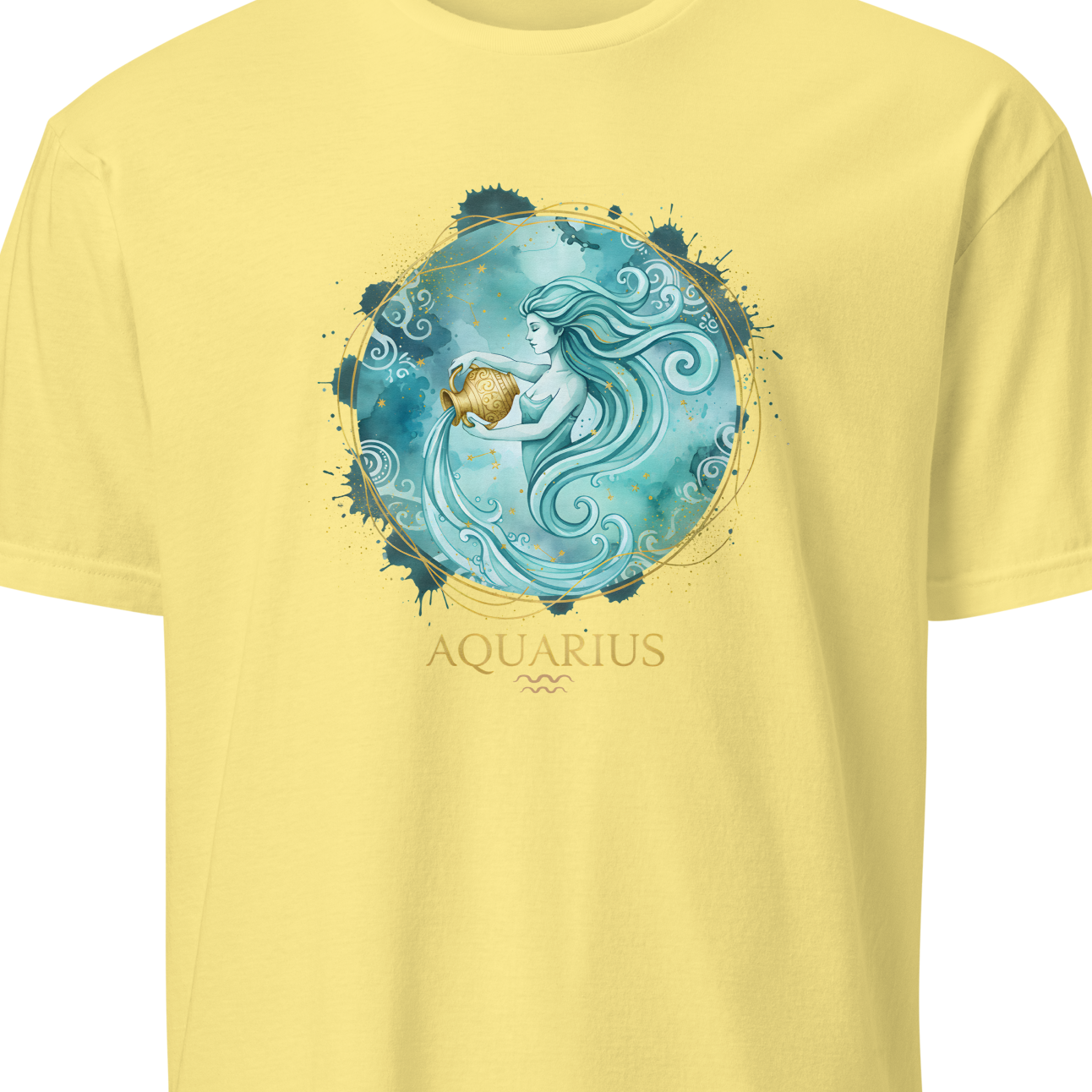 Yellow t-shirt with Aquarius zodiac design on a white background