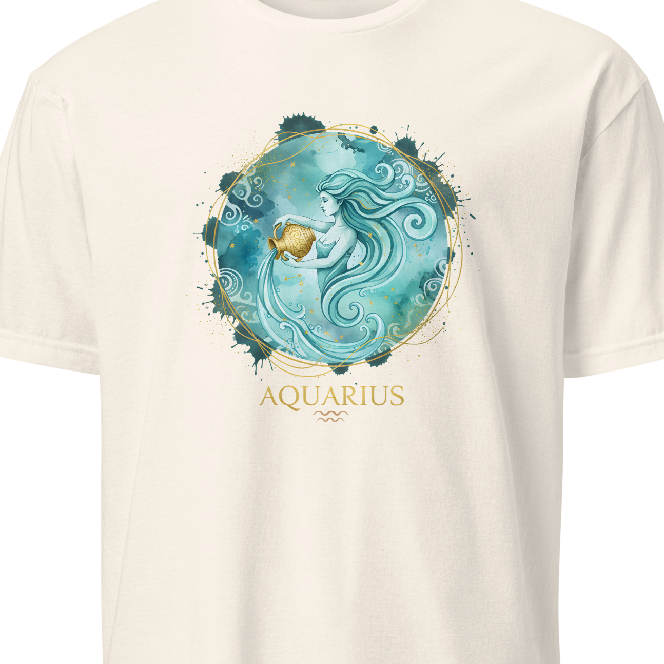 T-shirt with Aquarius zodiac design on a white background