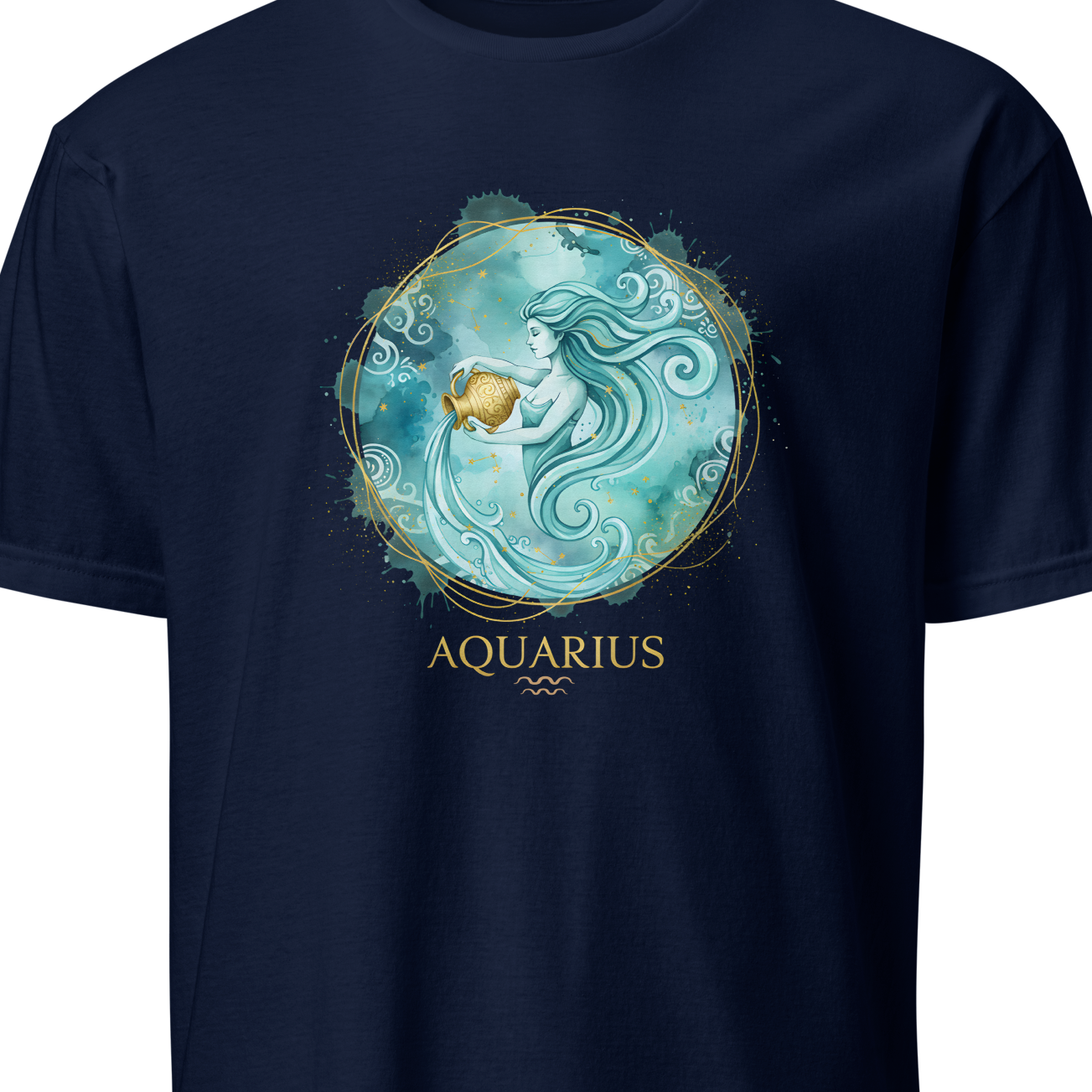 Navy blue t-shirt with Aquarius zodiac design featuring a water bearer and shell.