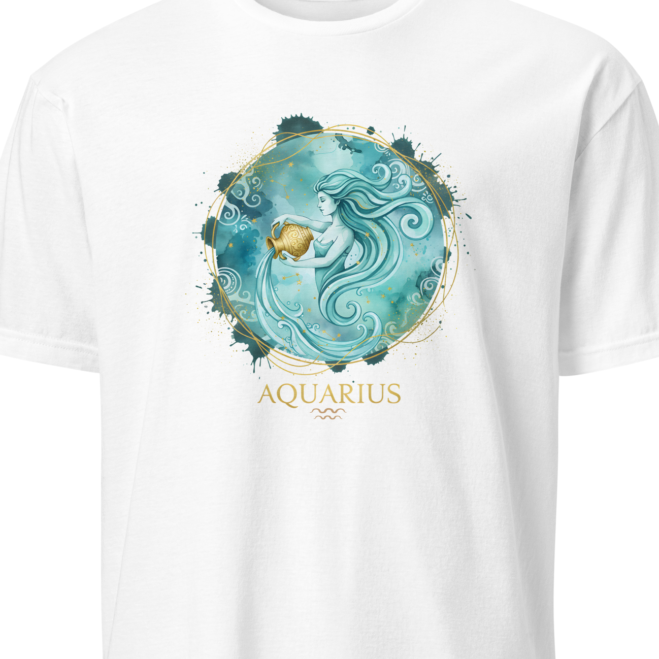 Beige t-shirt with a blue astrological design and 'Aquarius' text on a white background