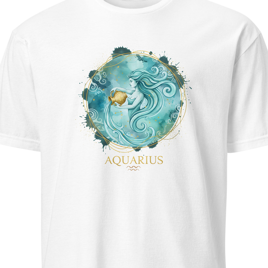 Beige t-shirt with a blue astrological design and 'Aquarius' text on a white background