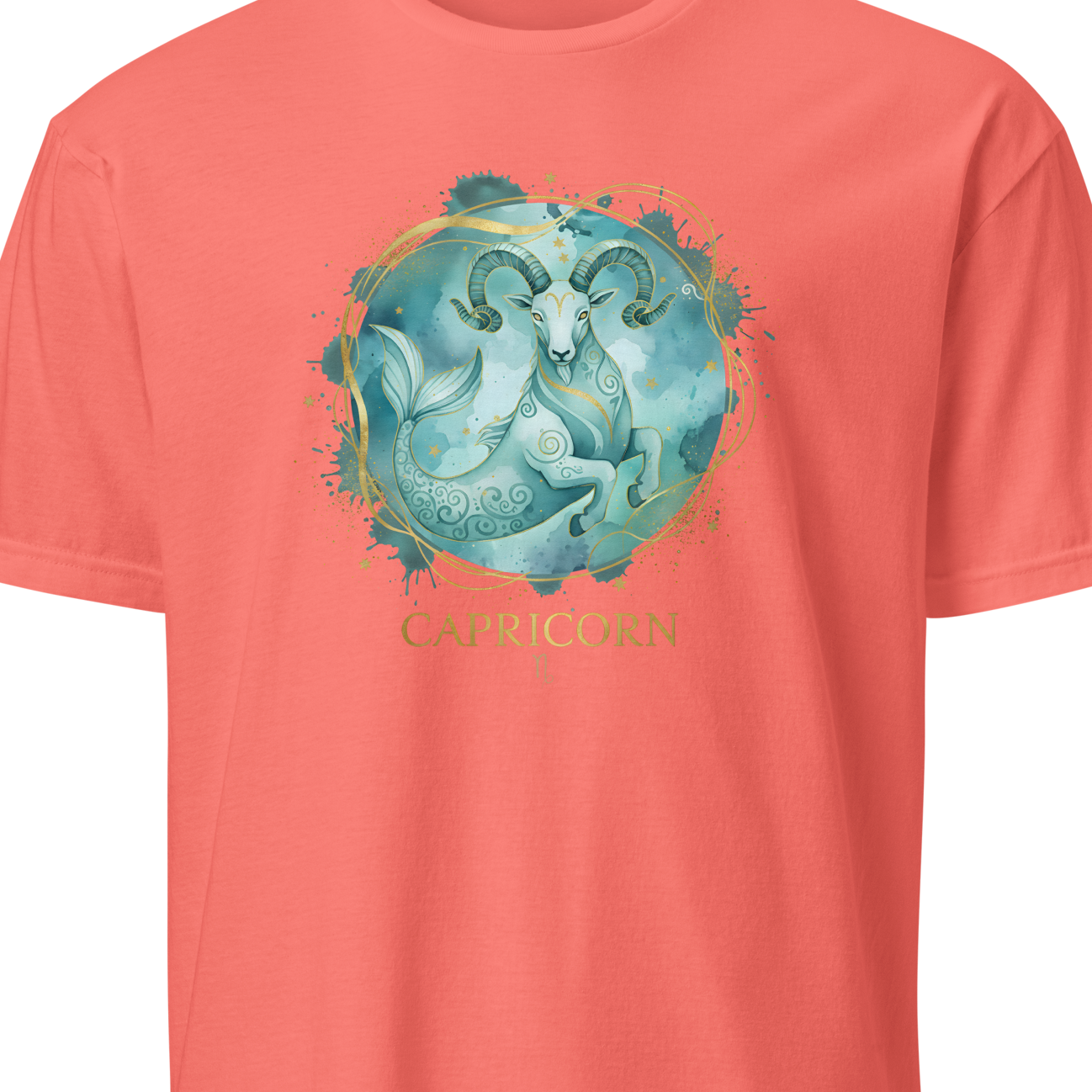 Coral t-shirt with a blue and green graphic design on a white background