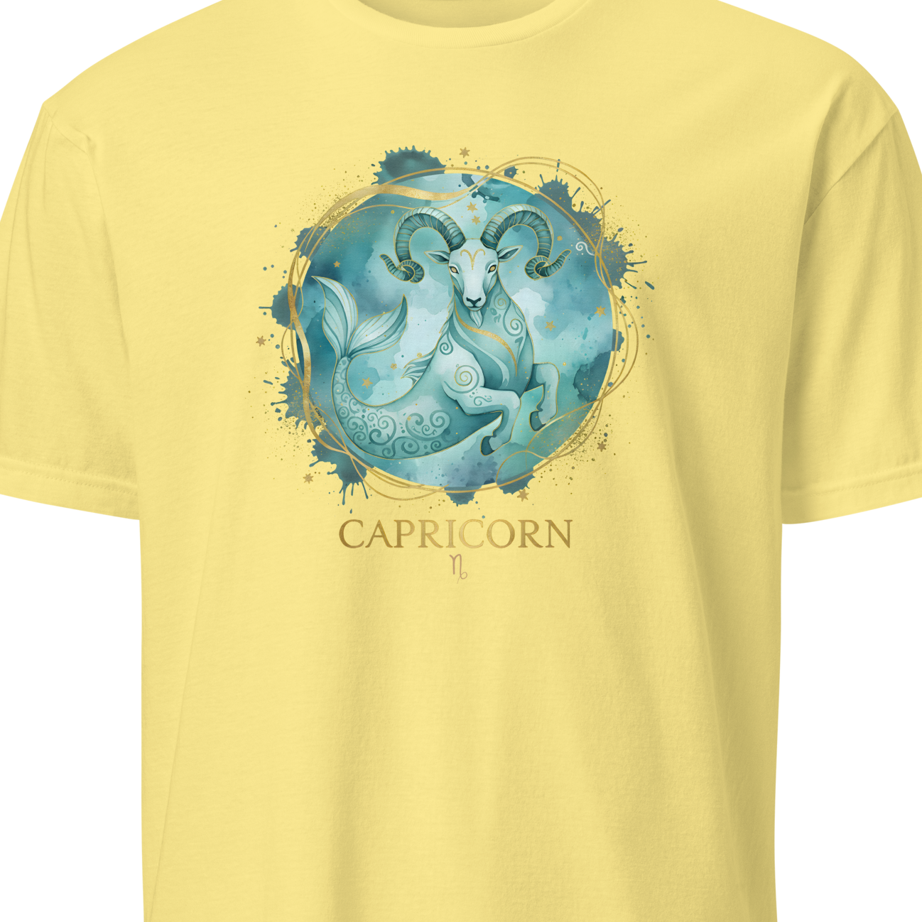 Yellow t-shirt with Capricorn zodiac design on a white background