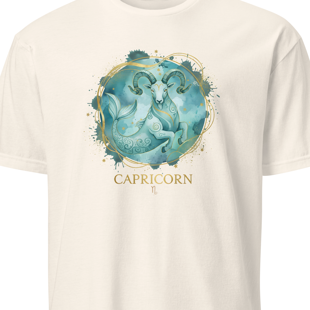Beige t-shirt with Capricorn zodiac design on a white background
