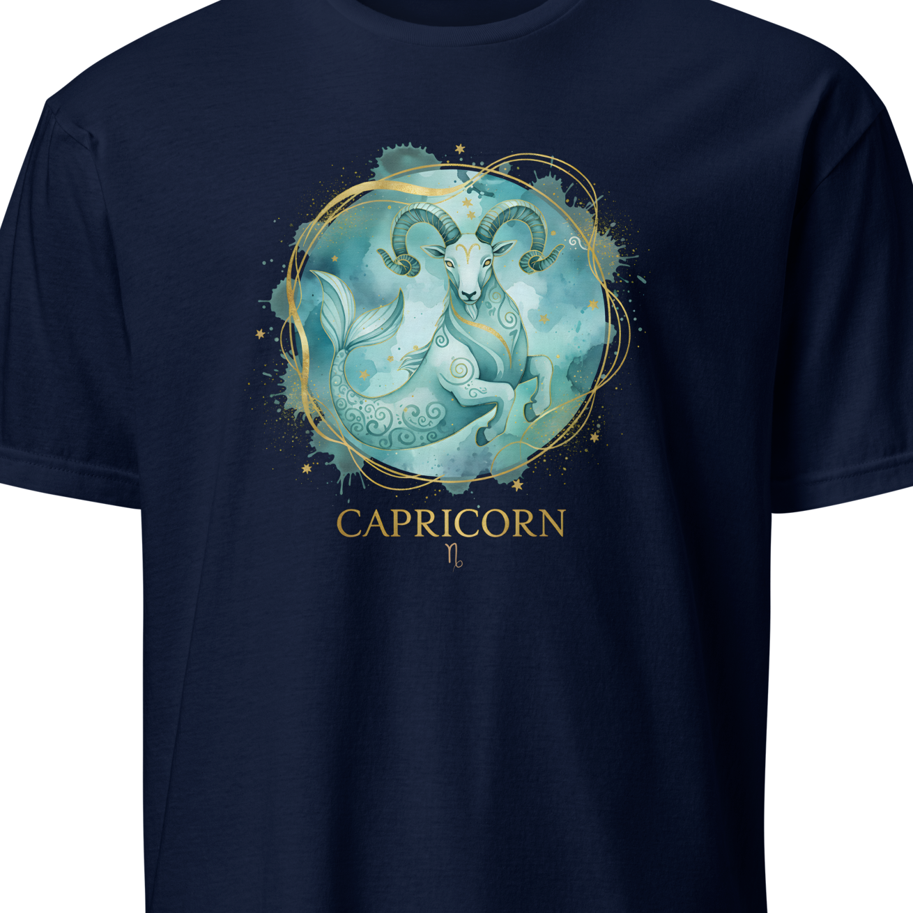 Navy blue t-shirt with Capricorn zodiac design on a white background