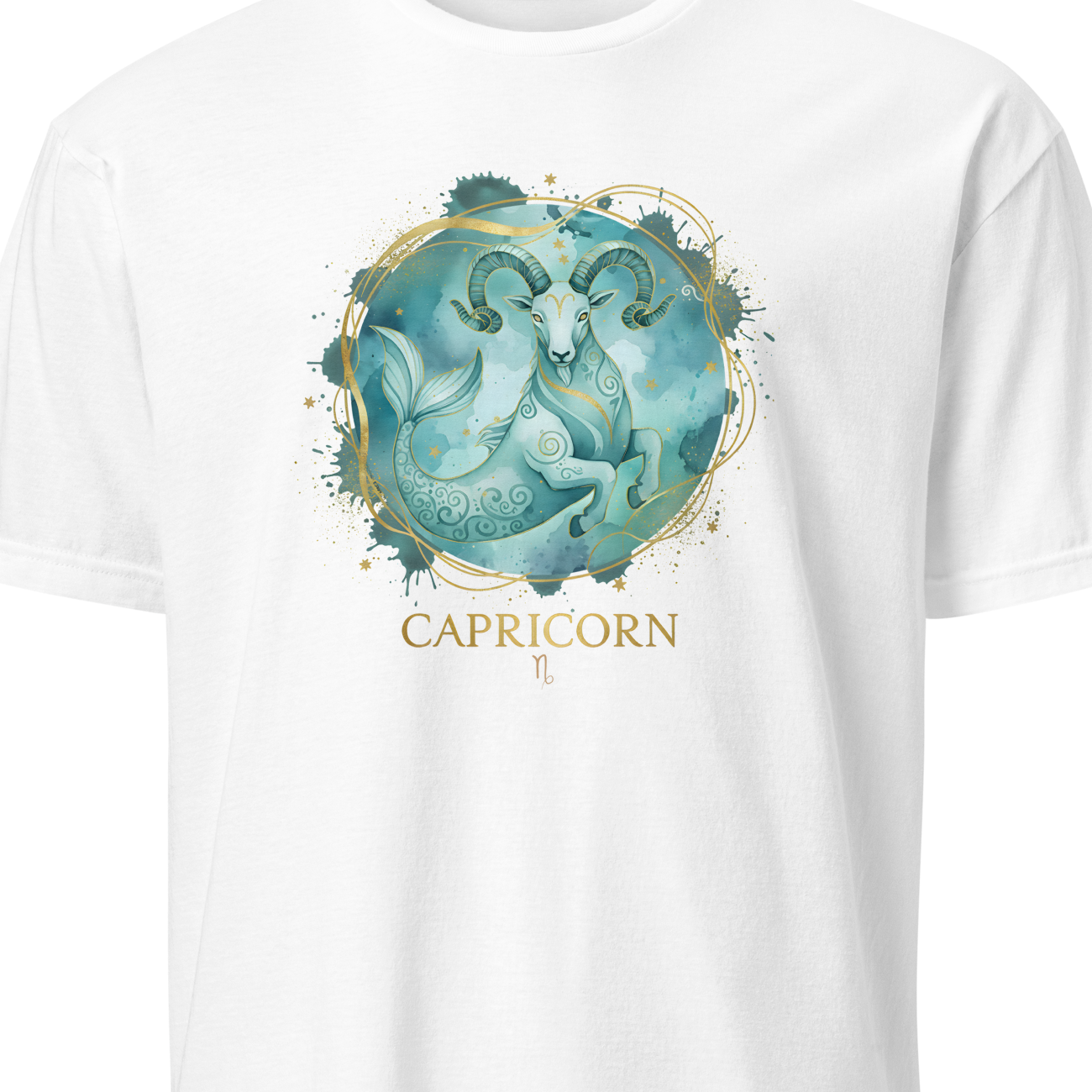 White t-shirt with Capricorn zodiac design on a white background