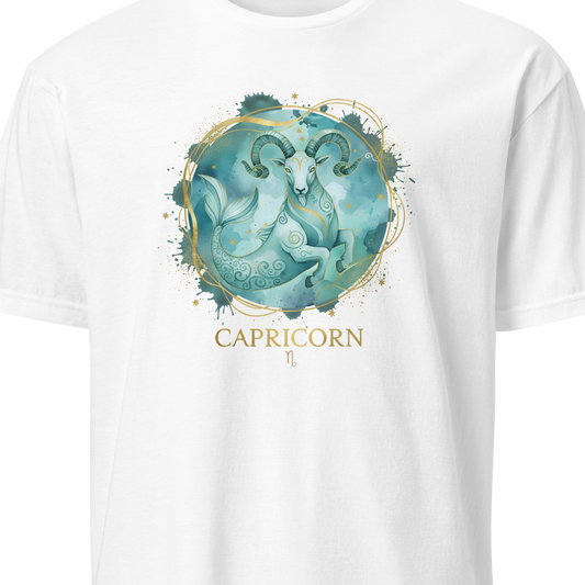 White t-shirt with Capricorn zodiac design on a white background