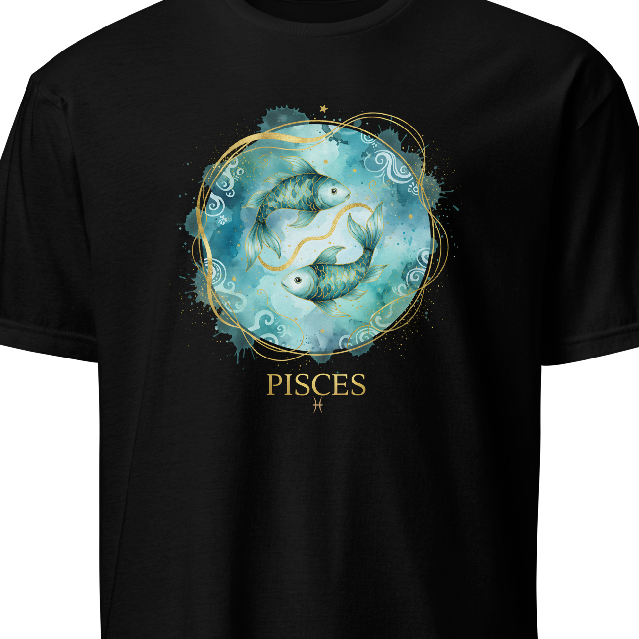 Black t-shirt with Pisces zodiac design on a white background
