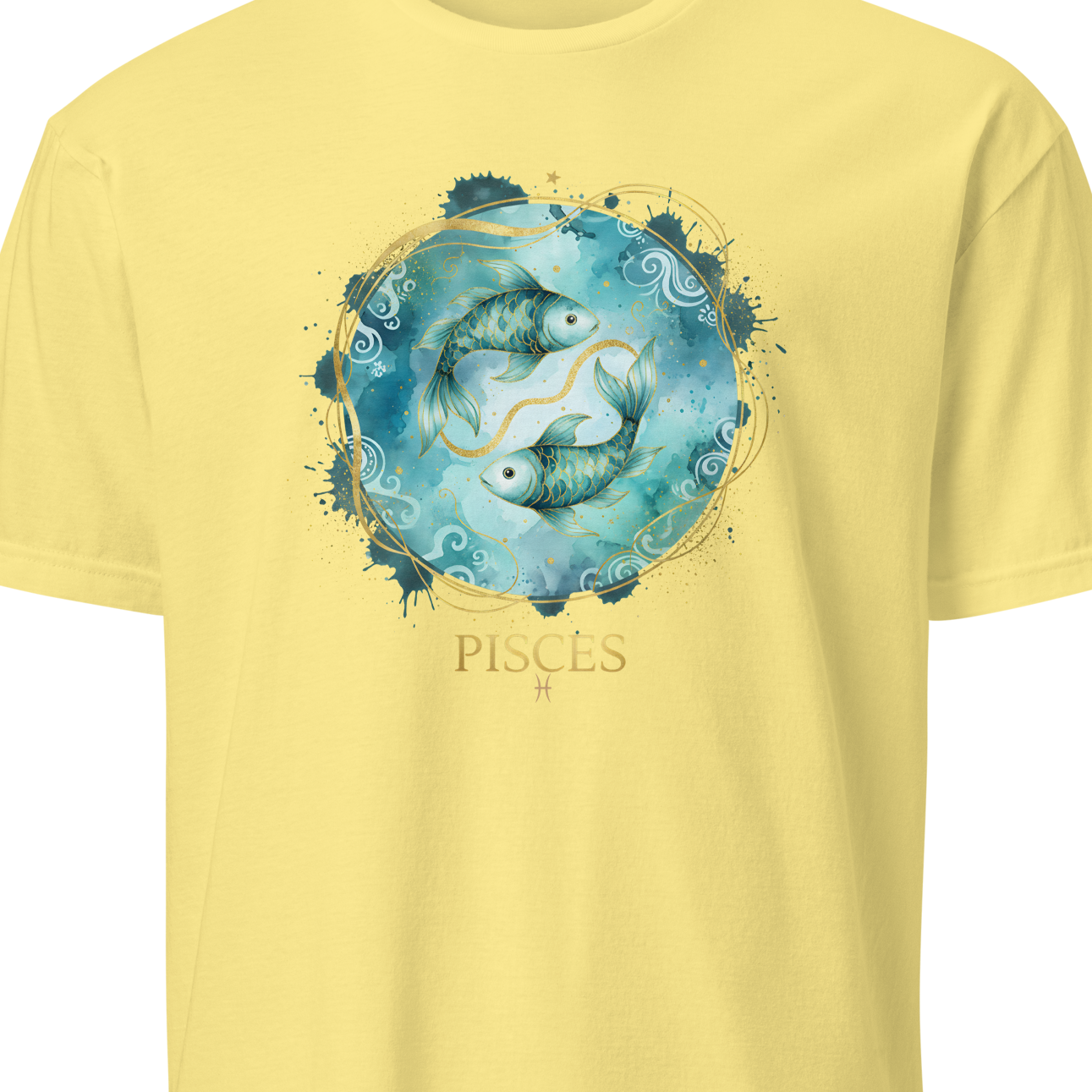 Yellow t-shirt with Pisces zodiac design on a white background