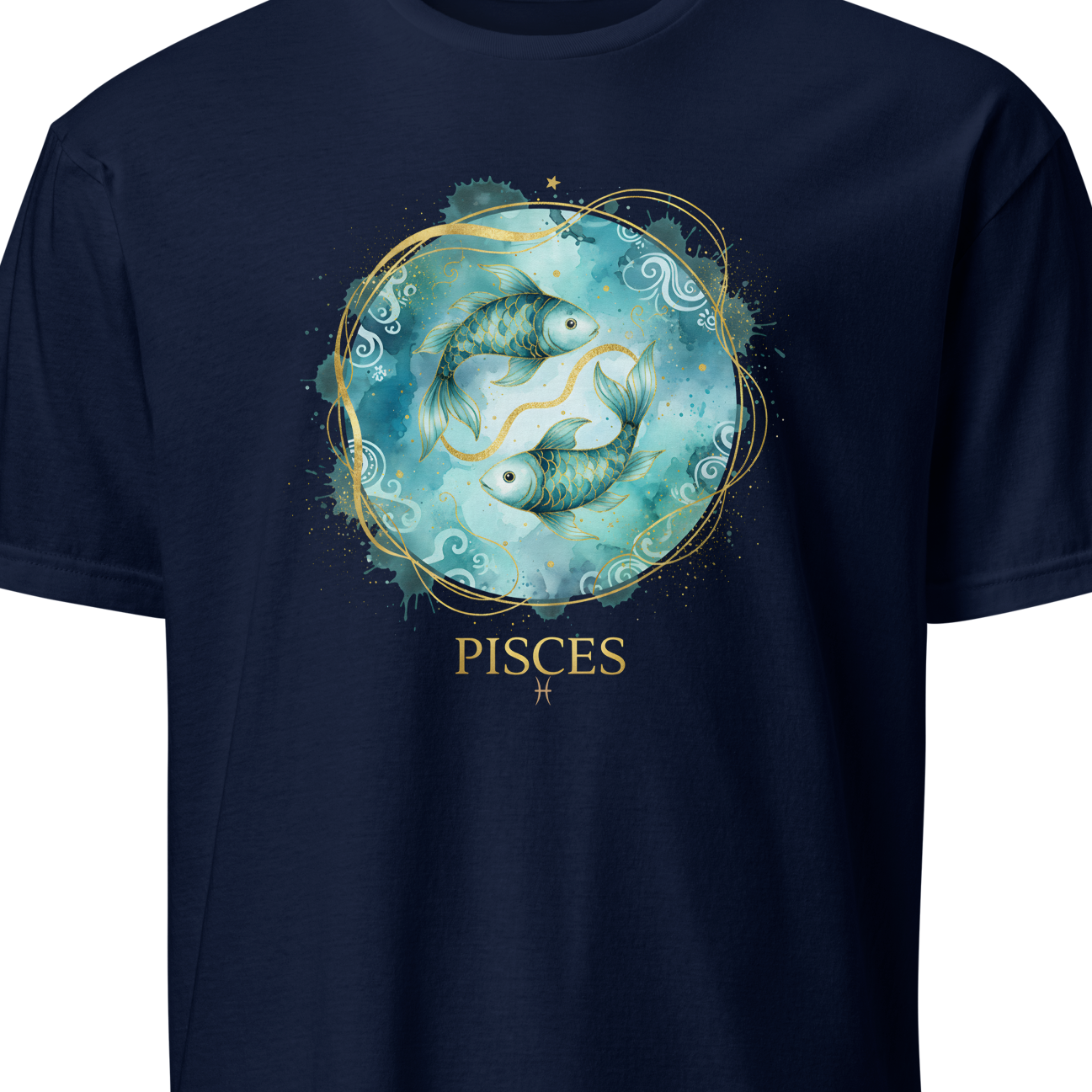 Navy blue t-shirt with Pisces zodiac design on a white background