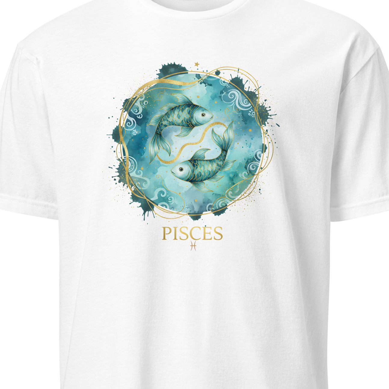 White t-shirt with Pisces zodiac design on a white background