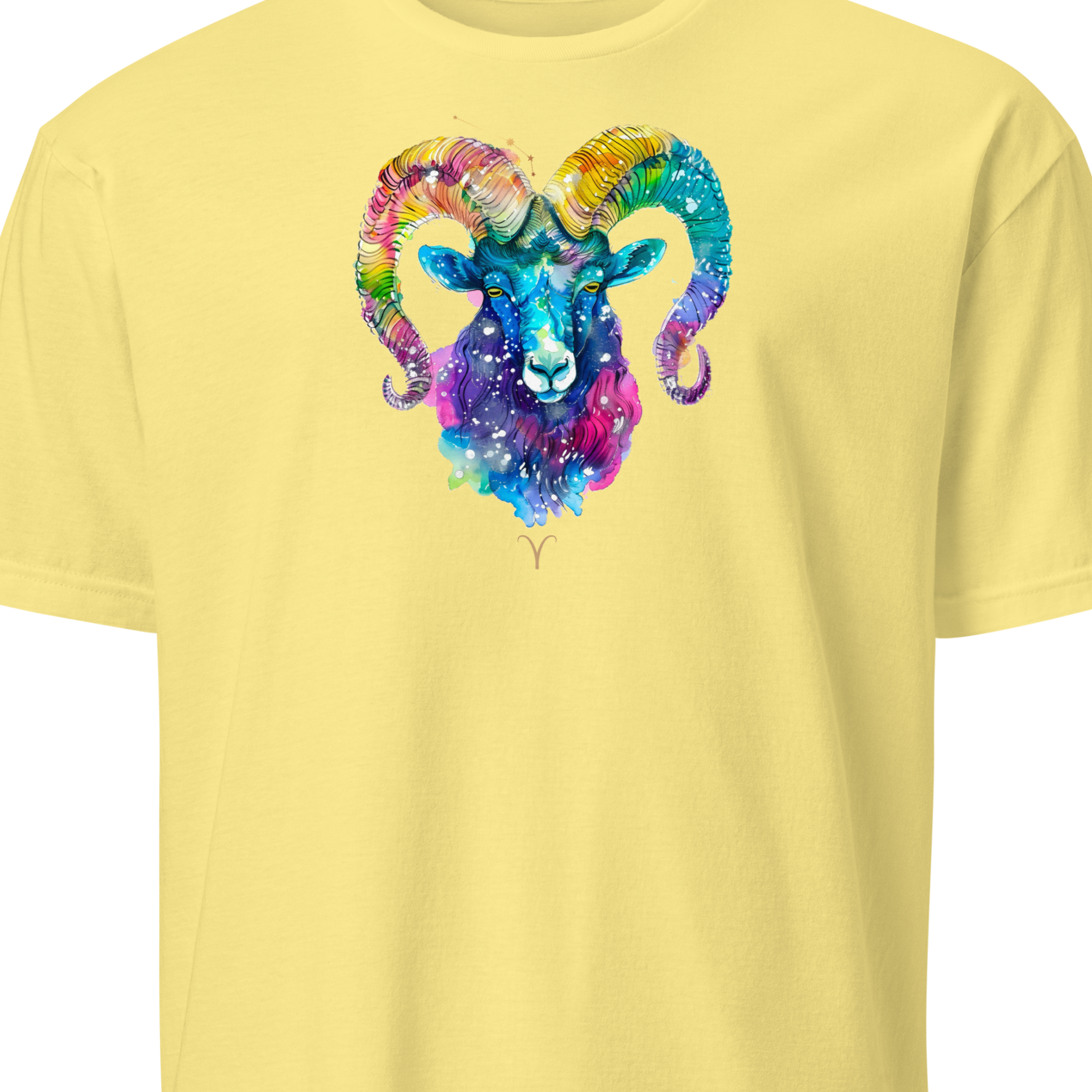 Yellow t-shirt with a colorful ram head design 