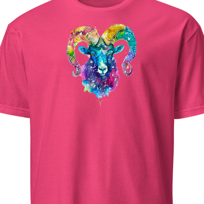 Pink t-shirt with a colorful ram design 