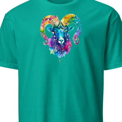 Teal t-shirt with a colorful ram head design