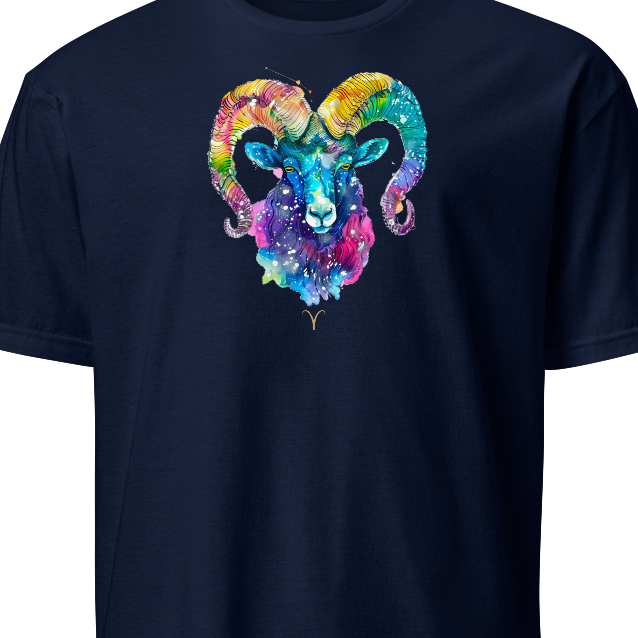 Navy blue t-shirt with a colorful ram head design 