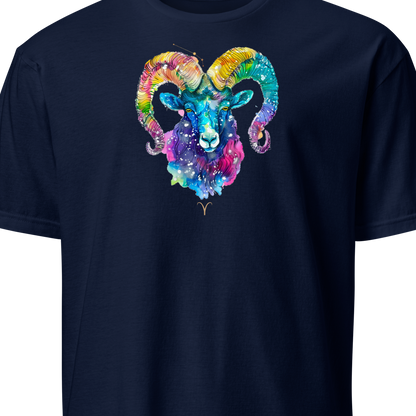 Navy blue t-shirt with a colorful ram head design 