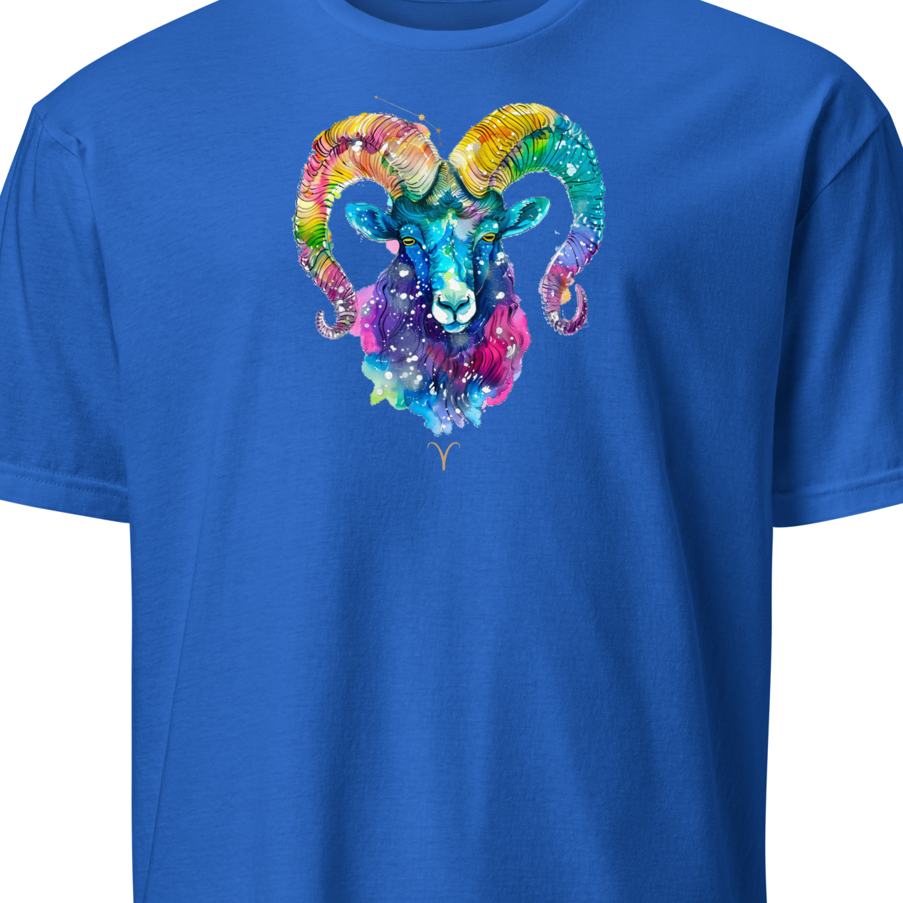 Blue t-shirt with a colorful ram graphic 