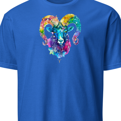 Blue t-shirt with a colorful ram graphic 