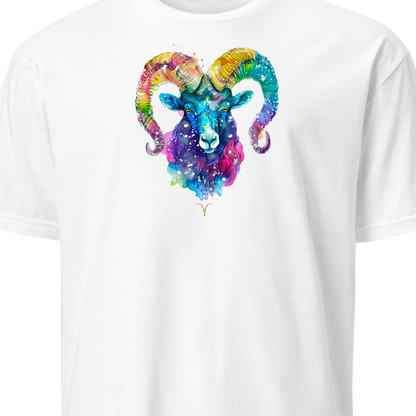 White t-shirt with a colorful ram head design on a white background