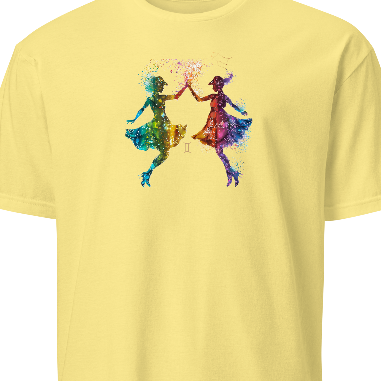 Yellow t-shirt with colorful graphic design 