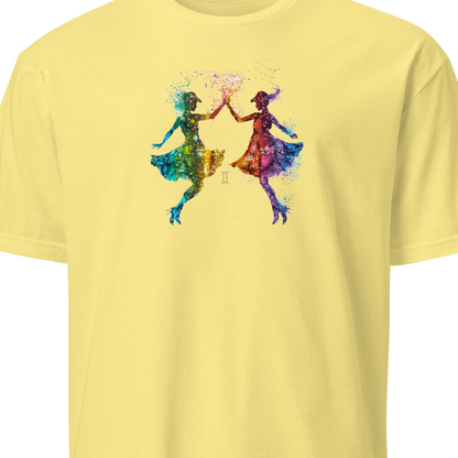 Yellow t-shirt with colorful graphic design 