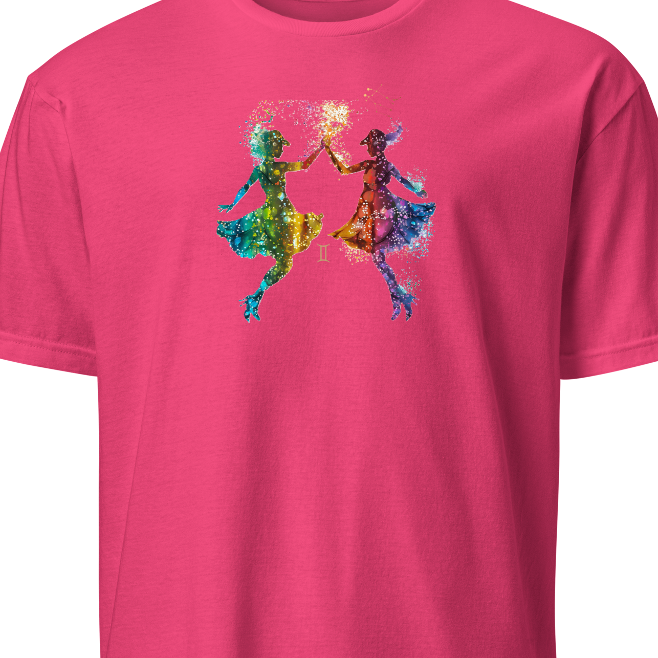 Pink t-shirt with colorful graphic design 