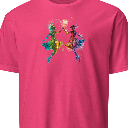 Pink t-shirt with colorful graphic design 