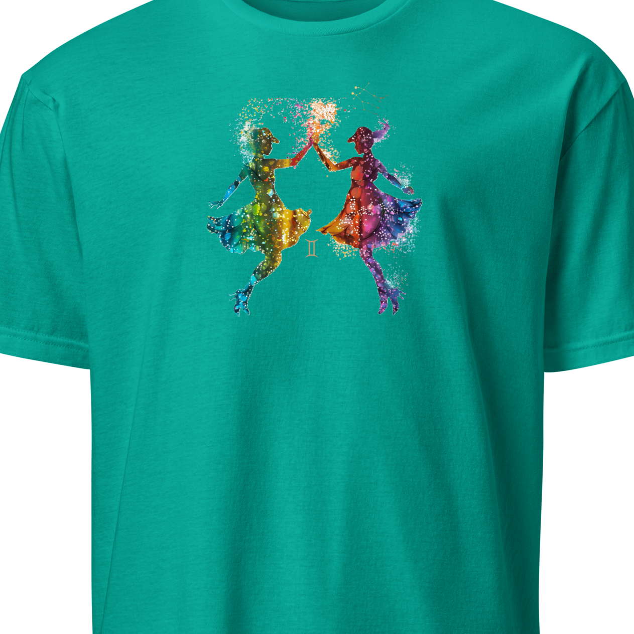 Teal t-shirt with colorful graphic design 