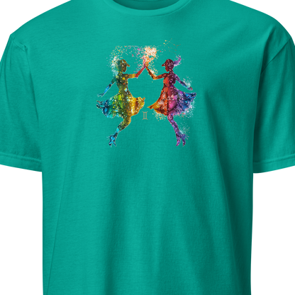 Teal t-shirt with colorful graphic design 