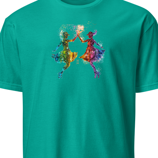 Teal t-shirt with colorful graphic design 