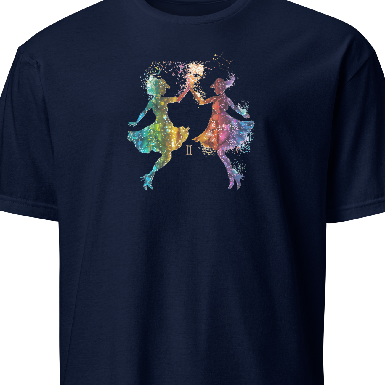 Navy blue t-shirt with colorful dancing figures design 