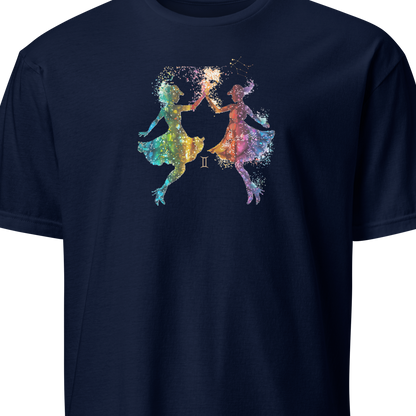 Navy blue t-shirt with colorful dancing figures design 