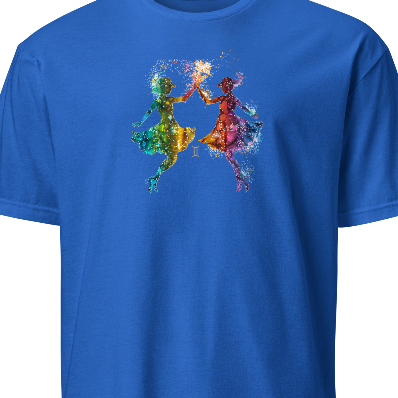 Blue t-shirt with colorful graphic design 