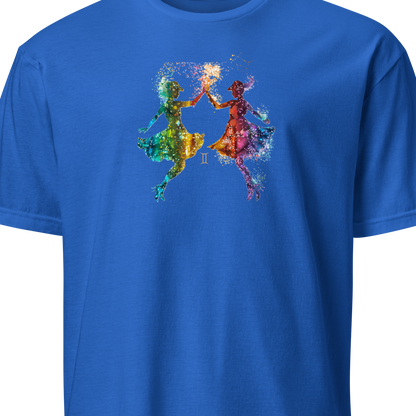Blue t-shirt with colorful graphic design 