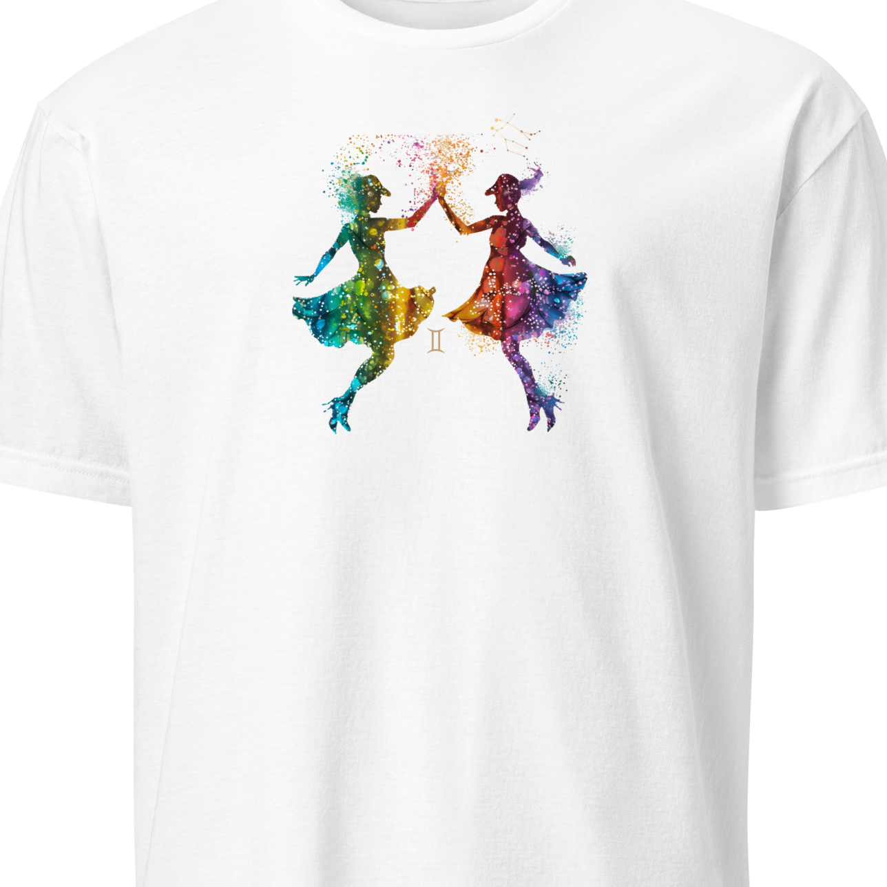 White t-shirt with colorful graphic of two people dancing 