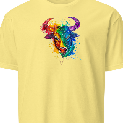 Yellow t-shirt with a colorful ram design on a white background