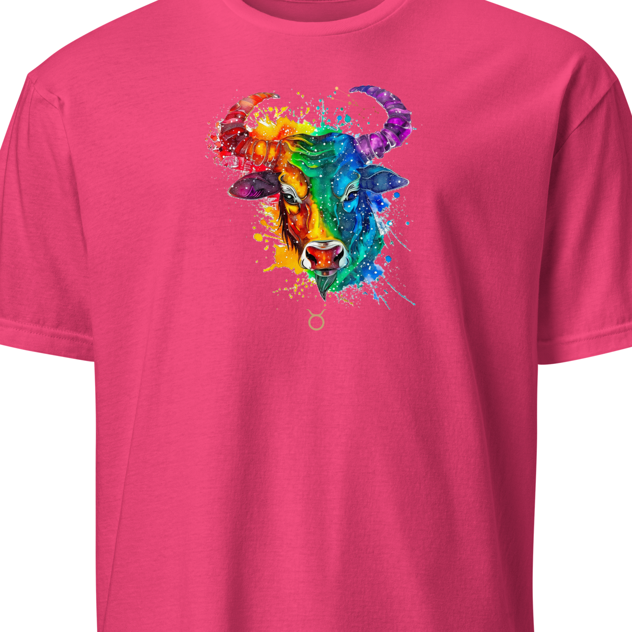 Pink t-shirt with a colorful bull graphic 
