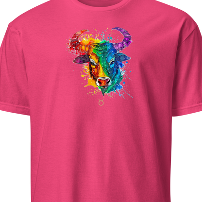 Pink t-shirt with a colorful bull graphic 