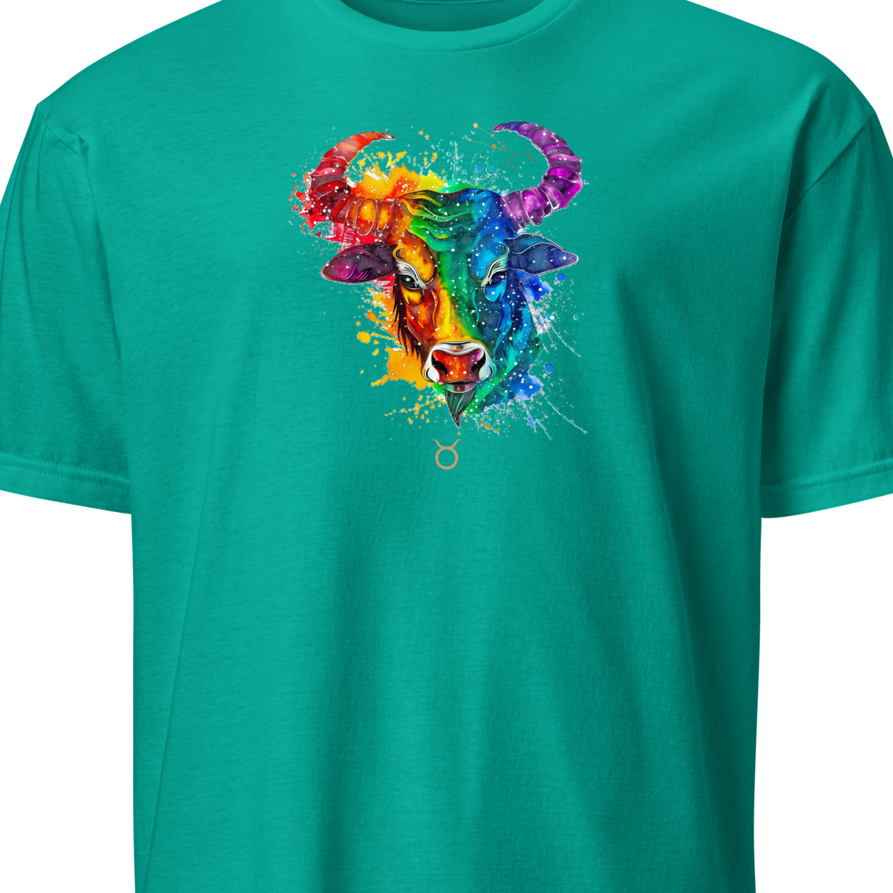 Teal t-shirt with a colorful bull graphic 