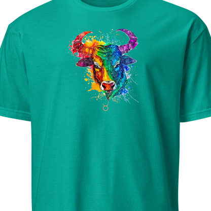 Teal t-shirt with a colorful bull graphic 